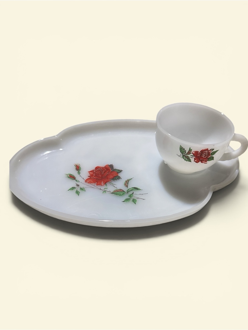 Vintage white milk glass rose crest set of 2 with a red rose pattern